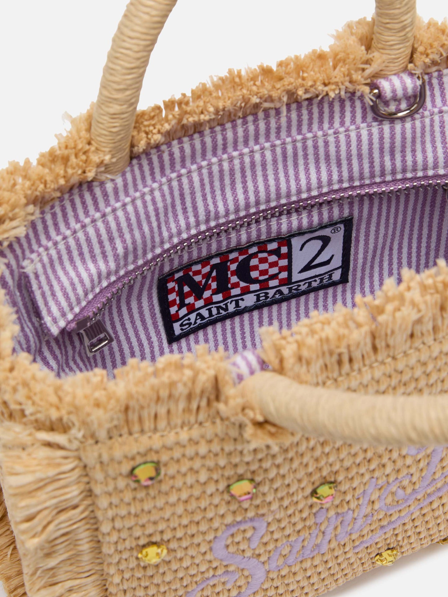 Mini Vanity Tasche in Strohoptik mit Strassverzierung