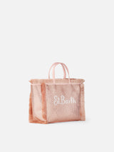 Borsa Mini Vanity con frange e strass rose gold