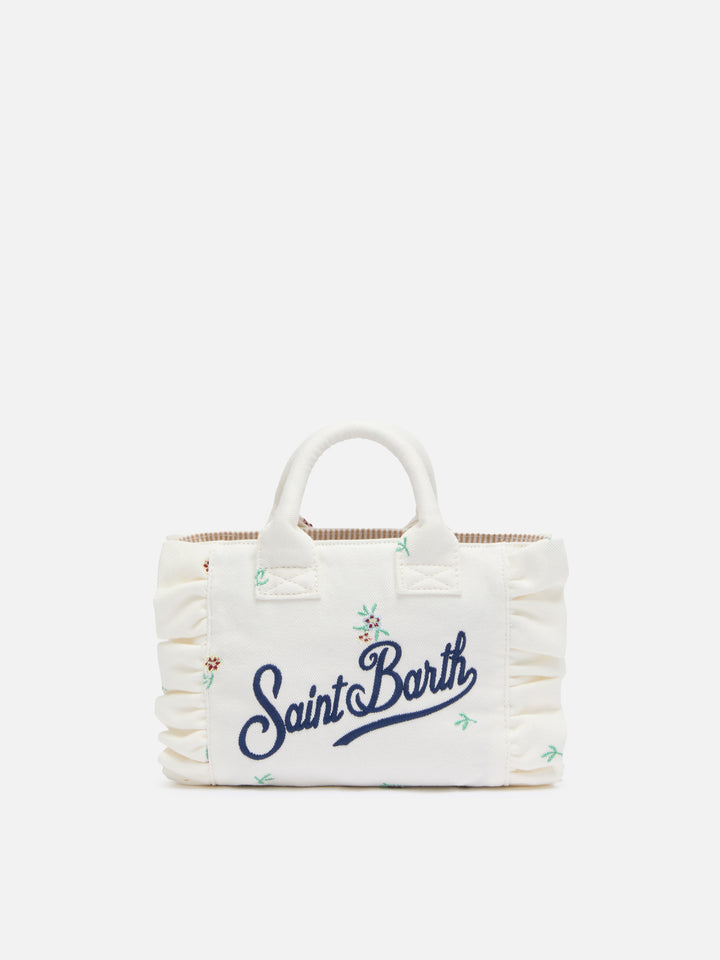 Borsa Mini Vanity Volant in denim con ricamo floreale