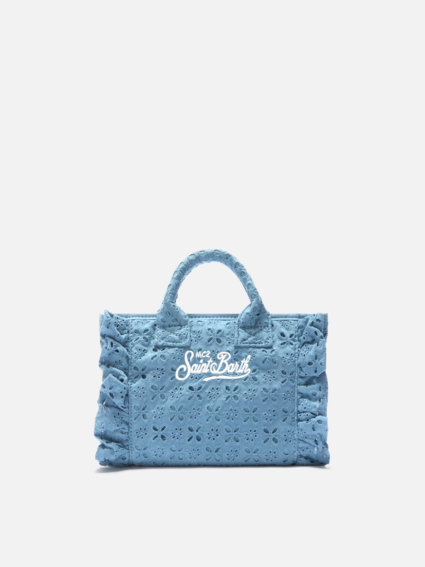 Light blue Vanity mini volant bag in broderie anglaise cotton
