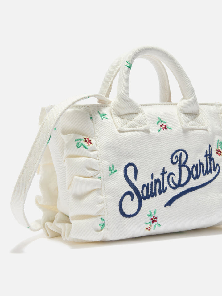 White denim Vanity mini volant bag with embroidered flowers