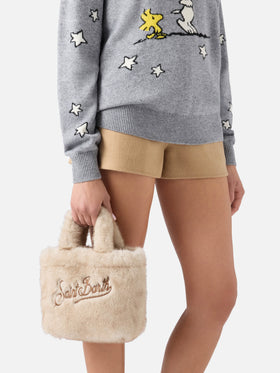 Beige Mini Vanity Soft Tasche aus Kunstfell mit Logostickerei 
