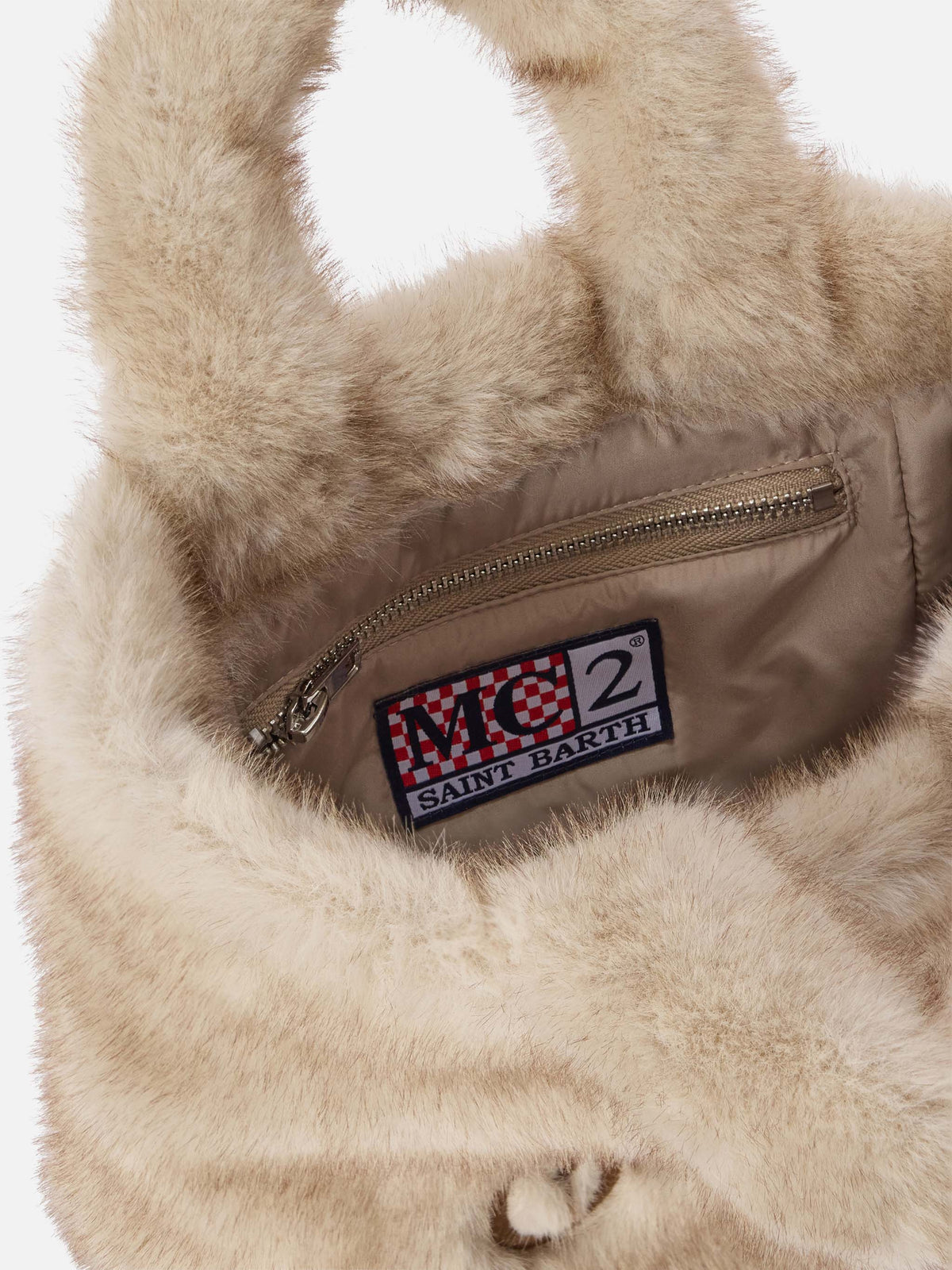Beige Mini Vanity Soft bag in faux fur with logo embroidery