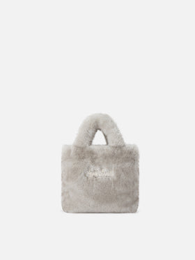 Mini Vanity Soft bag grise en fausse fourrure avec broderie logo 