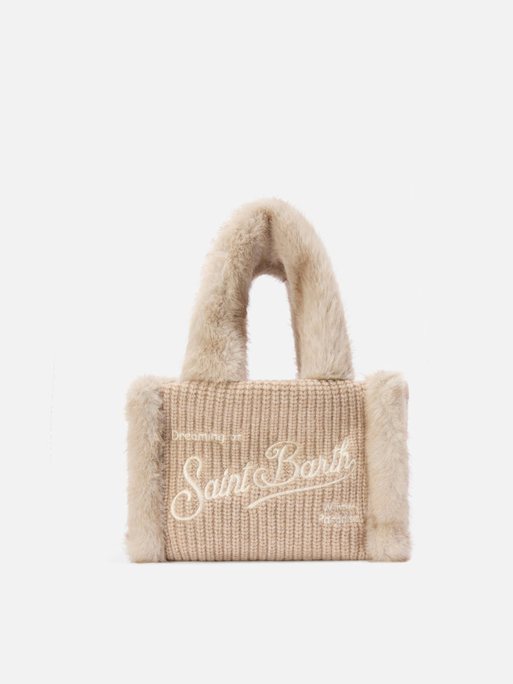 Mini bolso Vanity beige en faux shearling acanalado con asas de piel sintética 