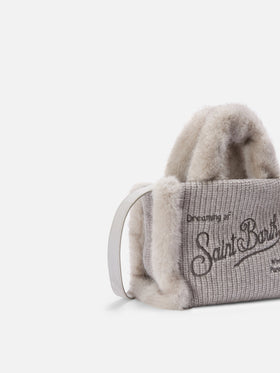 Grey Mini Vanity bag in ribbed faux shearling with faux fur handles