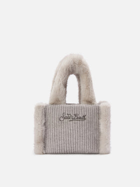 Grey Mini Vanity bag in ribbed faux shearling with faux fur handles