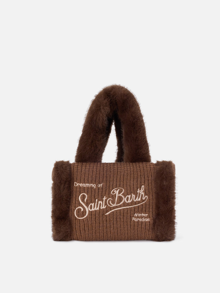 Mini Vanity bag marrón en borreguillo sintético acanalado con asas de pelo sintético 