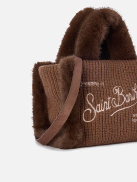 Mini Vanity bag marrón en borreguillo sintético acanalado con asas de pelo sintético 
