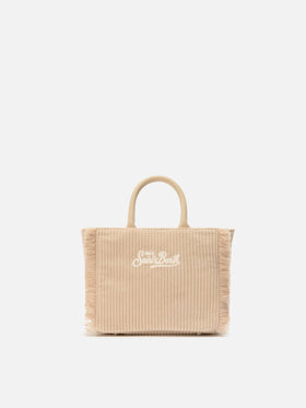 Borsa a mano Vanity Mini Corduroy in velluto a coste e faux suede beige