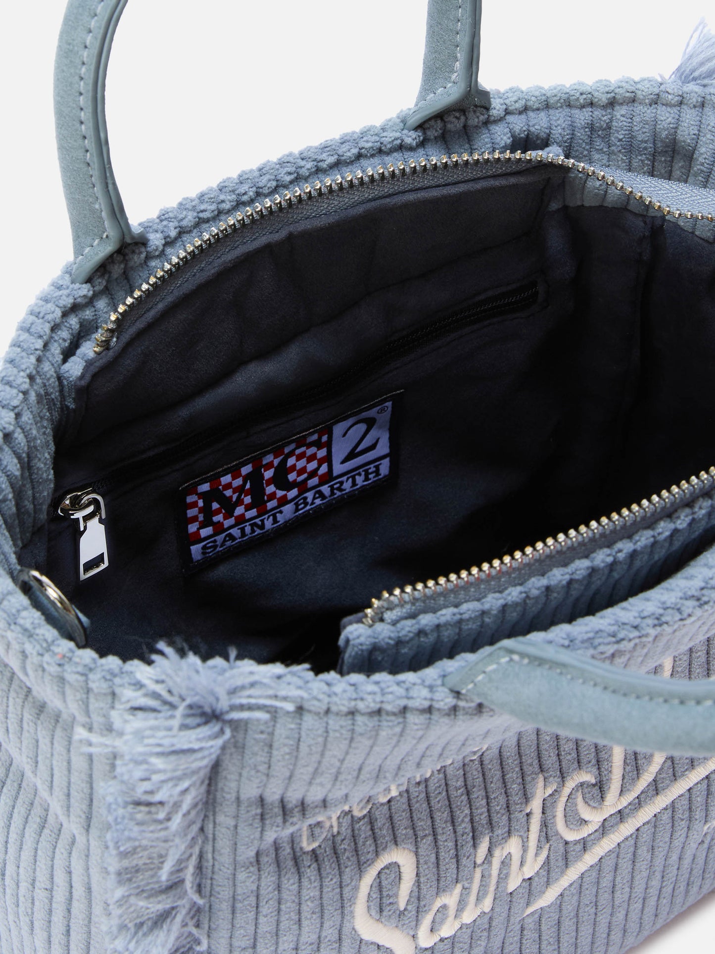 Vanity Mini Corduroy Handbag in powder blue corduroy velvet and faux suede