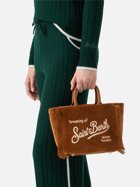 Borsa a mano Vanity Mini Velvet in velluto e faux suede marrone