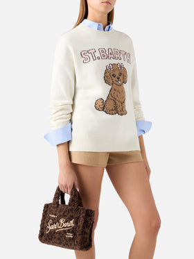 Bolso Mini Vanity marrón en tejido teddy con estampado de leopardo 