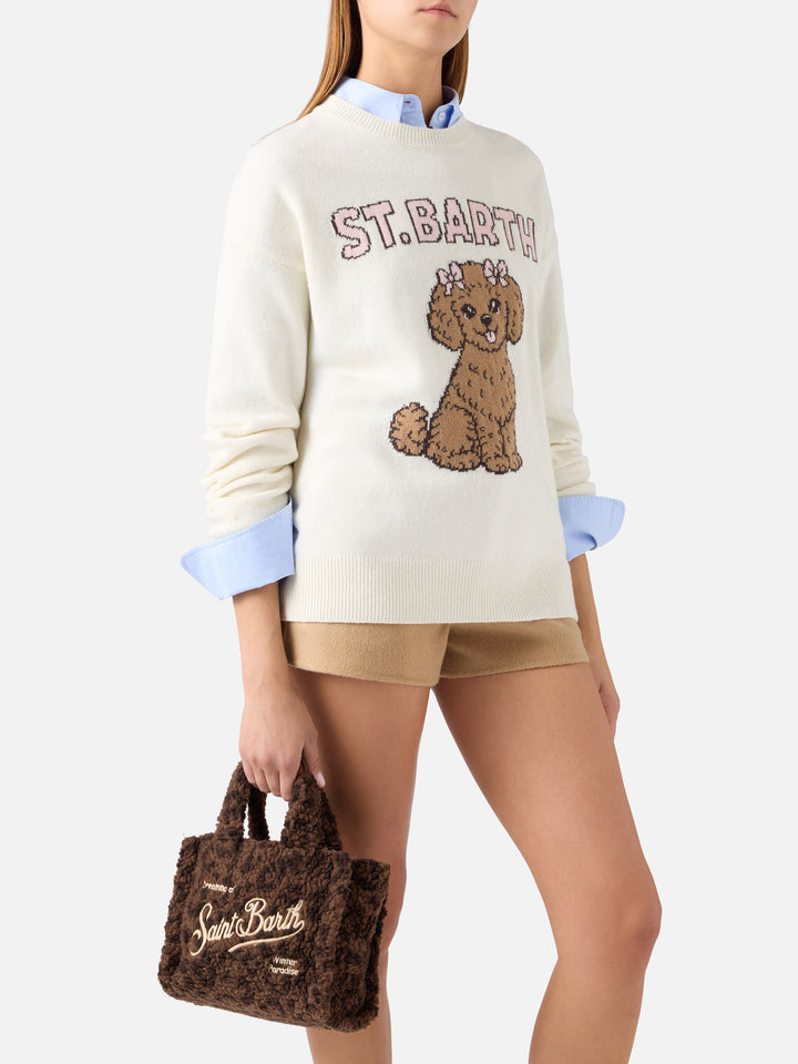 Braune Mini-Vanity-Bag aus Teddy-Stoff mit Leopardenprint 
