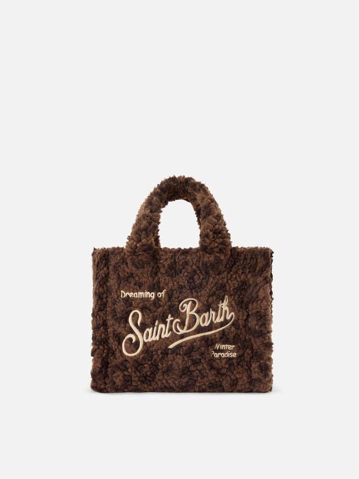 Brown Mini Vanity bag in teddy fabric with leopard print
