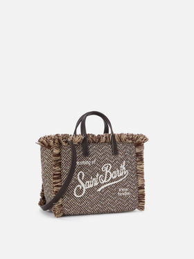 Mehrfarbige Mini-Vanity-Bag aus Wollmischung mit Fischgrätmuster und Strasssteinen 