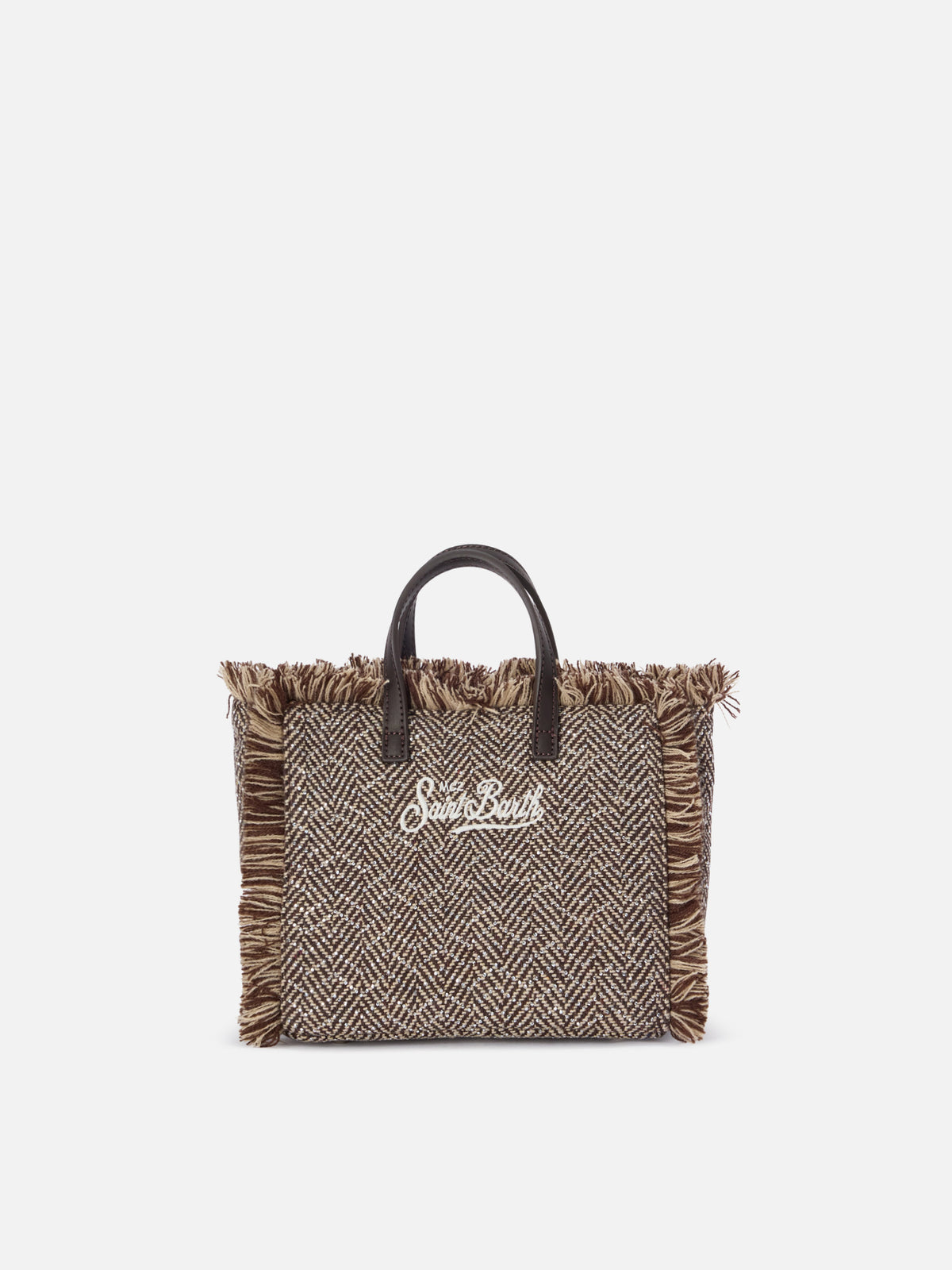 Mehrfarbige Mini-Vanity-Bag aus Wollmischung mit Fischgrätmuster und Strasssteinen 