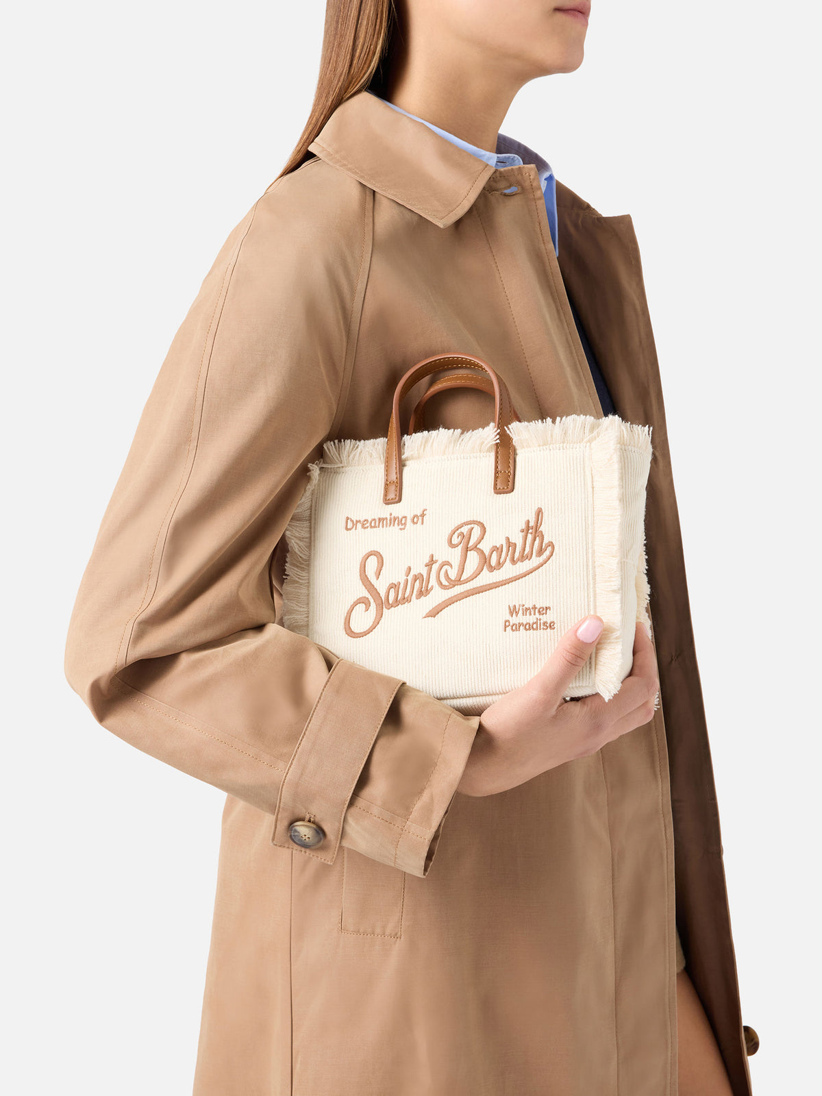Borsa Mini Vanity off white in velluto a coste con ricamo logo
