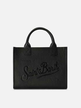 Schwarze große Vanity-Bag aus genarbtem Leder mit Logo-Schriftzug 