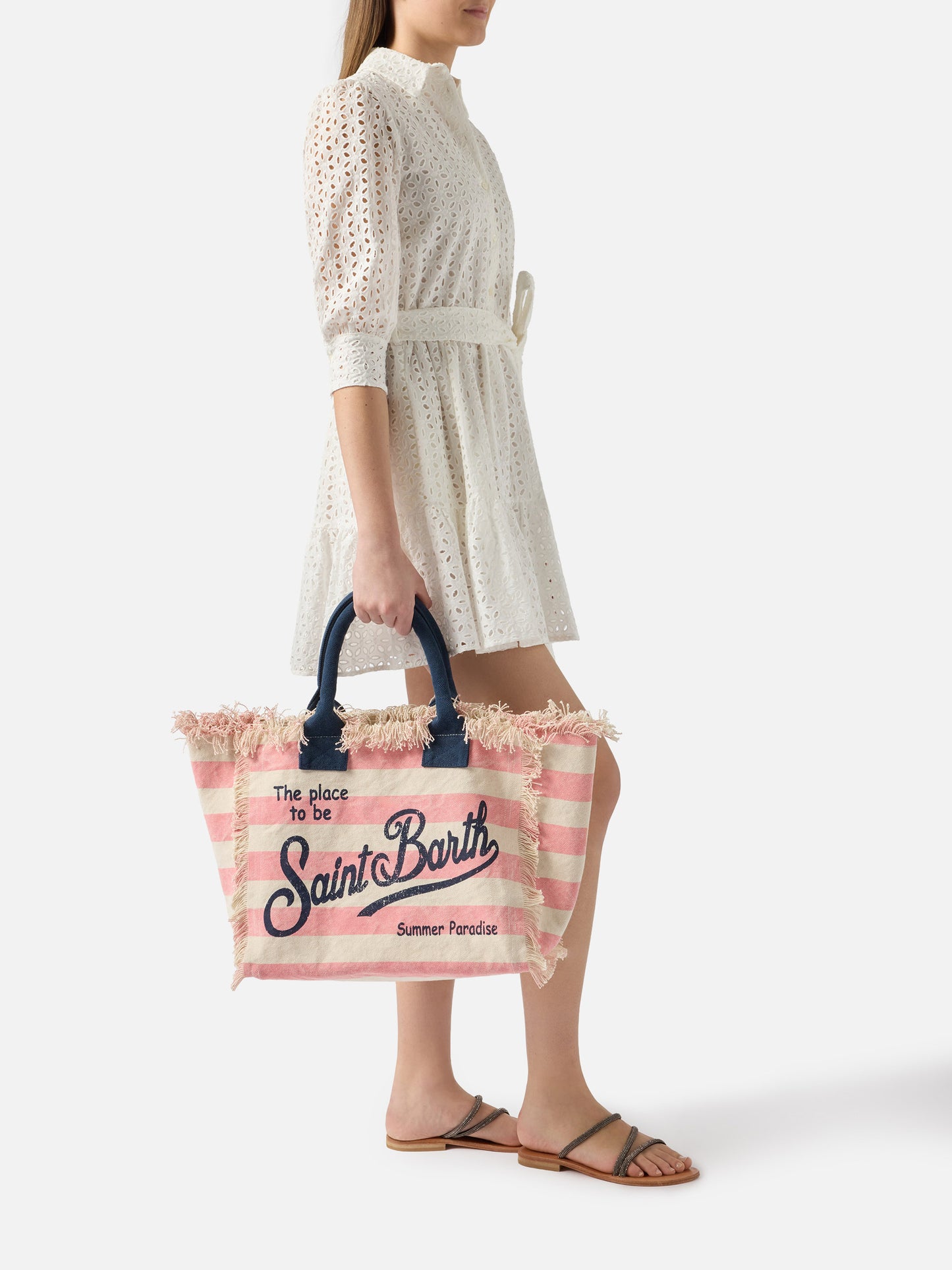Bolso Vanity Regular de lona con rayas horizontales rosas 
