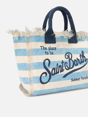 Borsa Vanity regular in canvas a righe orizzontali azzurre