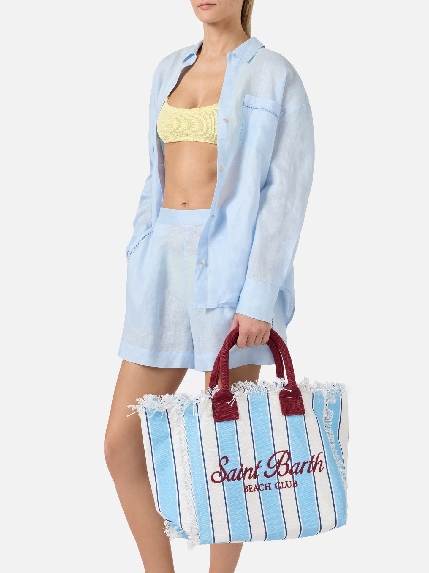 Canvas Vanity regular bag with light blue stripes and bordeaux details