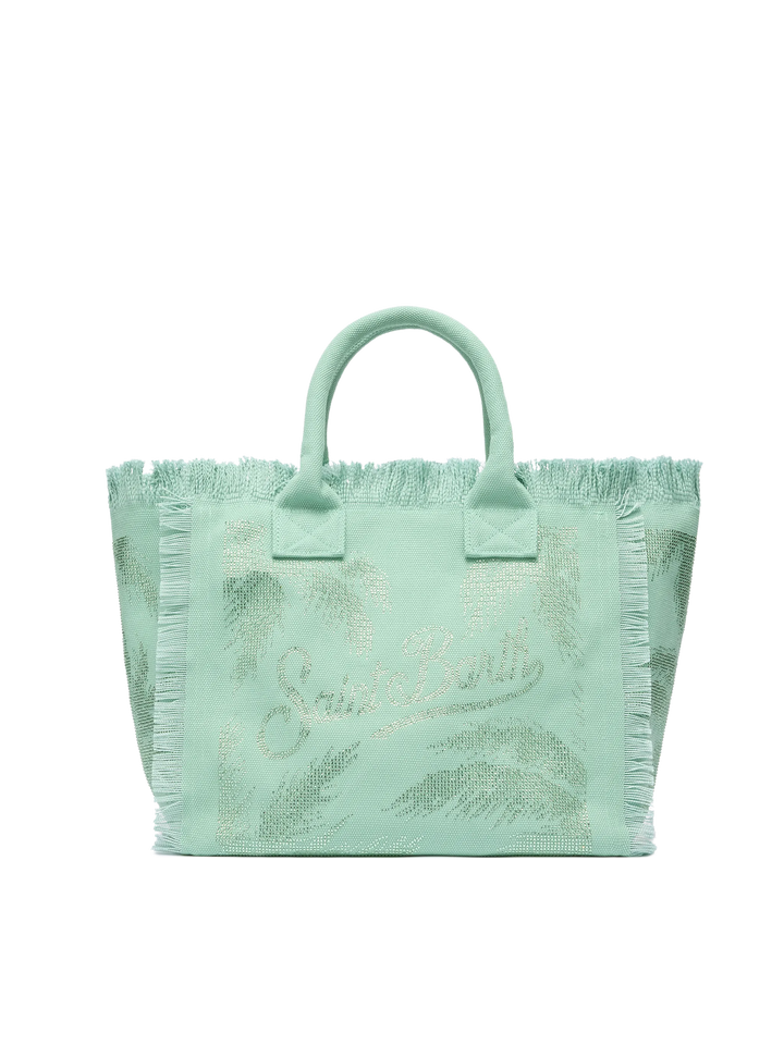 Borsa a spalla Vanity in canvas di cotone verde salvia con decorazioni in strass a forma di palma