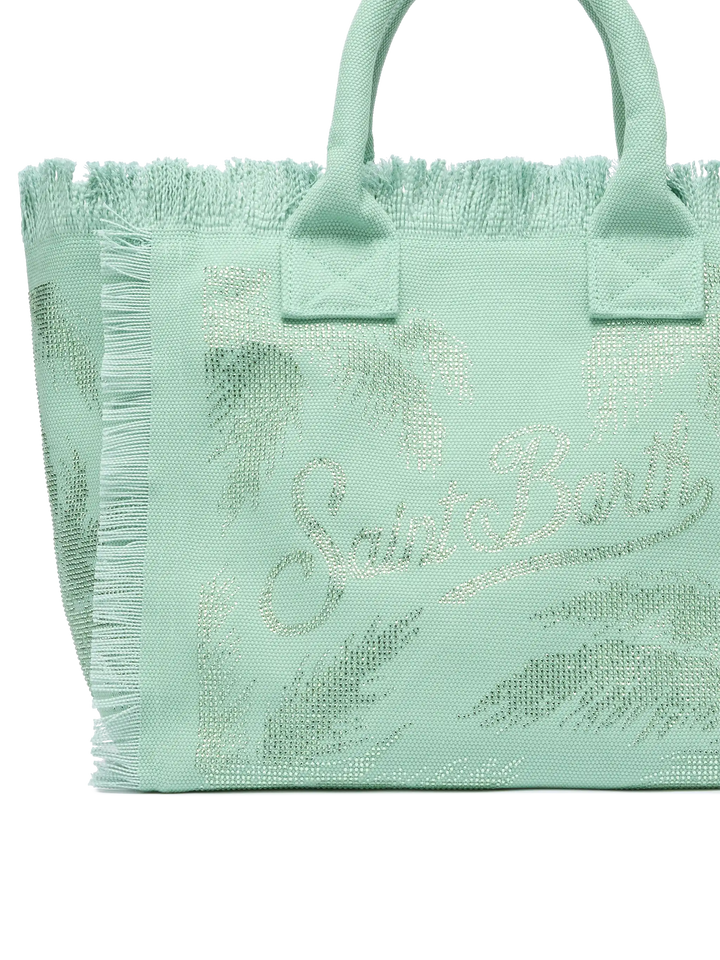 Borsa a spalla Vanity in canvas di cotone verde salvia con decorazioni in strass a forma di palma