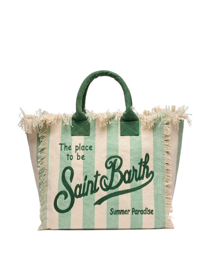 Cotton canvas Vanity tote bag with sage green striped print - MC2 Saint Barth