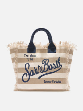 Borsa Vanity regular in canvas a righe orizzontali beige