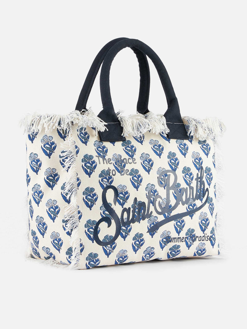 Borsa tote Vanity in tela di cotone a righe indaco con fiori