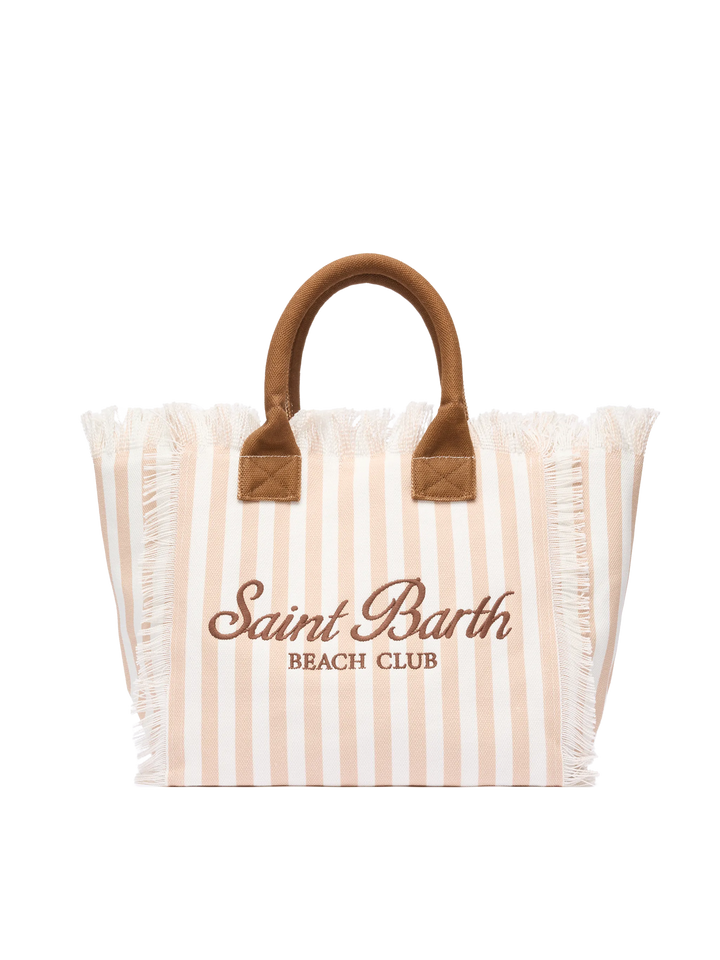 Borsa a spalla Vanity in canvas di cotone con stampa a righe beige