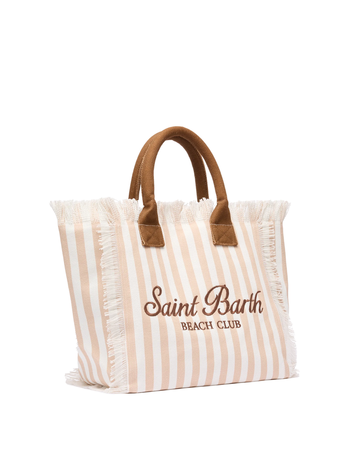 Borsa a spalla Vanity in canvas di cotone con stampa a righe beige
