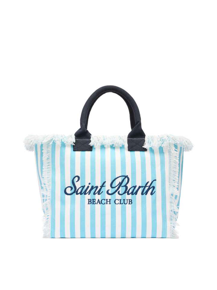 Borsa a spalla Vanity in canvas di cotone con stampa a righe azzurre