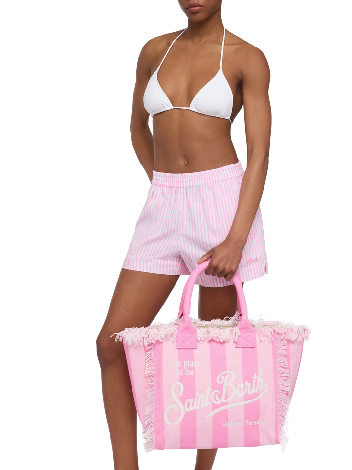 Vanity-Einkaufstasche aus Baumwollcanvas mit rosa Streifenmuster