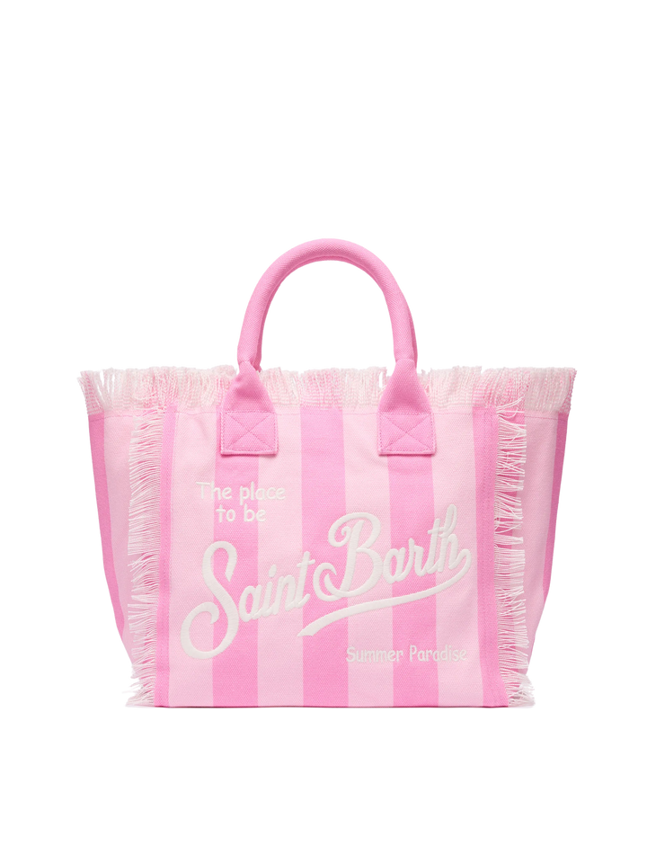 Borsa a spalla Vanity in canvas di cotone con stampa a righe rosa
