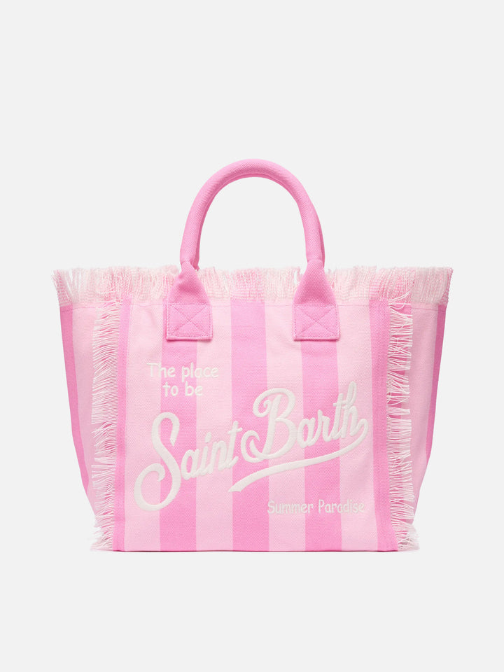 Borsa a spalla Vanity in canvas di cotone con stampa a righe rosa