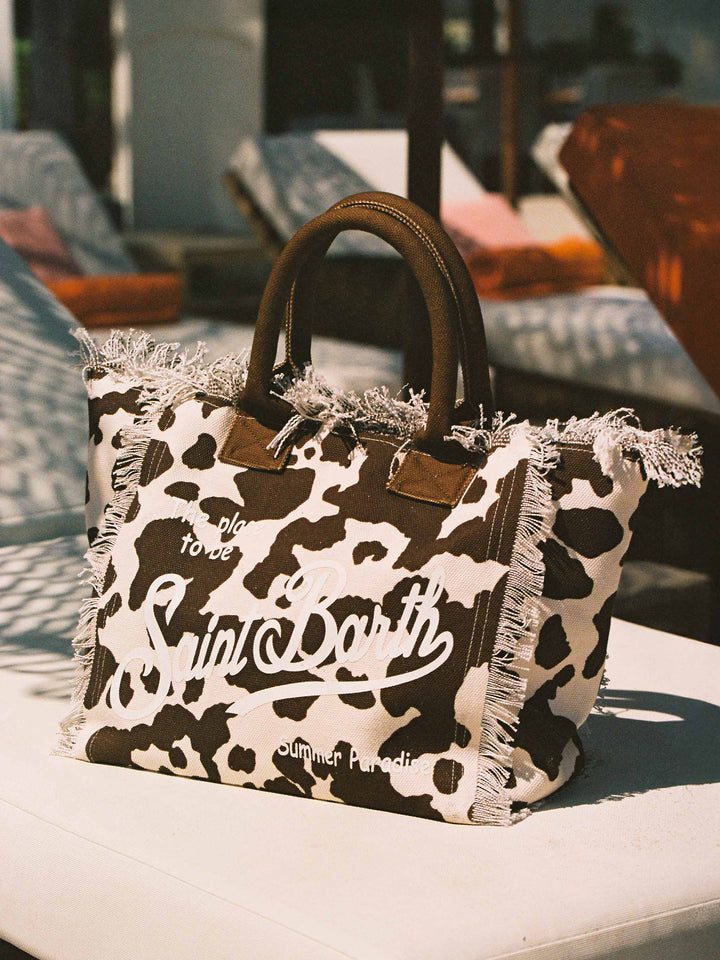 Borsa a spalla Vanity in canvas di cotone con stampa pelle di mucca