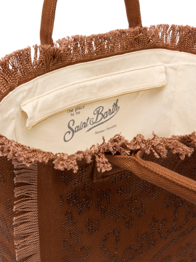 Brown cotton canvas Vanity tote bag with leopard rhinestone embellishment - MC2 Saint Barth