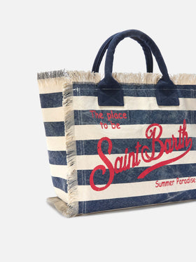 Borsa Vanity regular in canvas a righe orizzontali blu