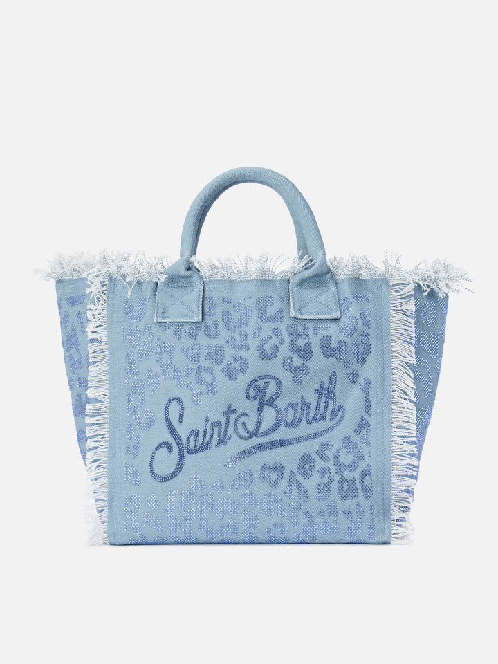 Blue Regular Vanity canvas bag in leopard print with rhinestones