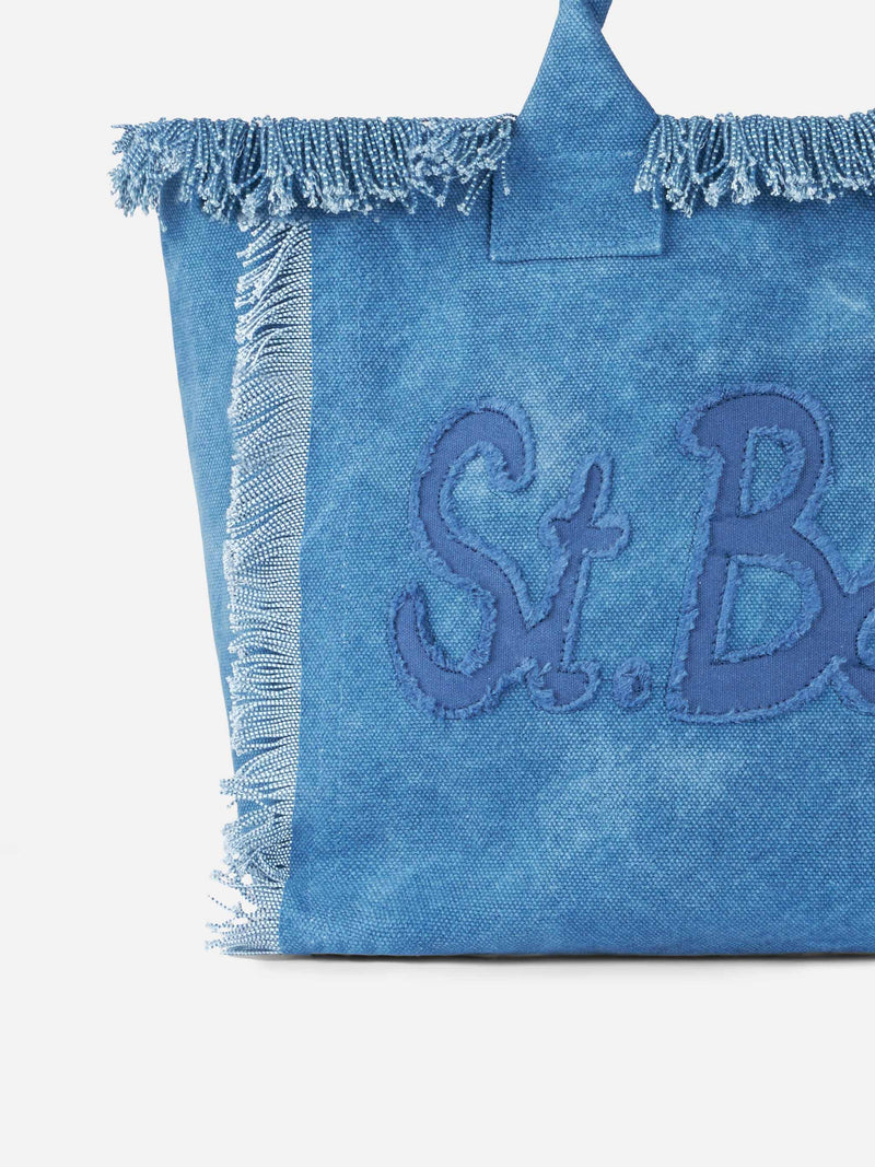 Borsa tote Vanity in tela di cotone denim con toppa con logo