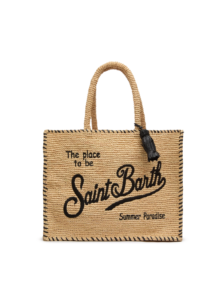 Umhängetasche Vanity Raffia in Naturbeige mit schwarzem Besatz