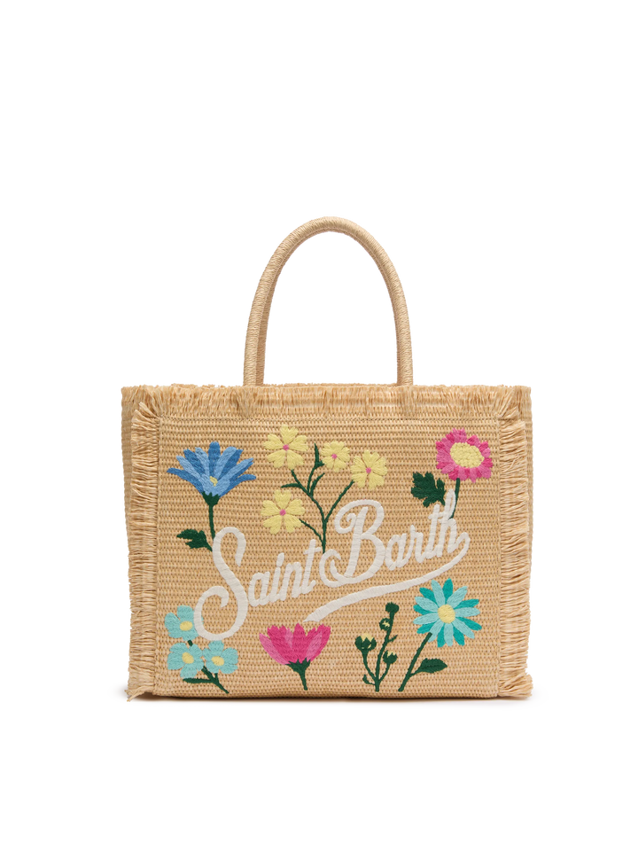 Beigefarbene Vanity-Einkaufstasche in Strohoptik mit aufgesetzten Blumen
