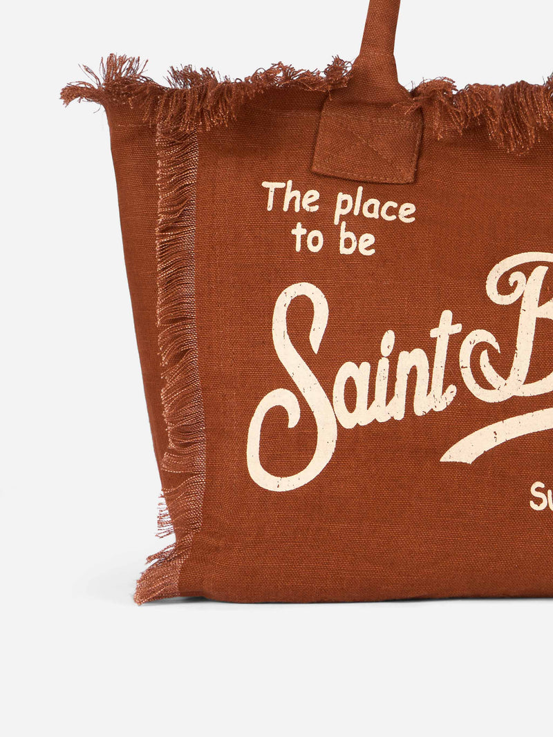 Brown Vanity Linen tote bag with Saint Barth logo