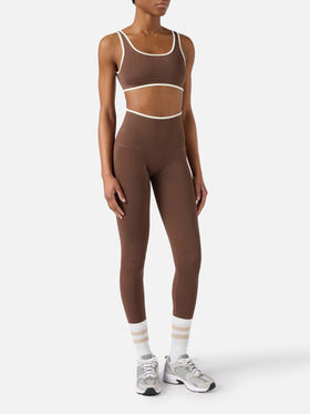 Brown Vega technical fabric sports leggings with contrast trim