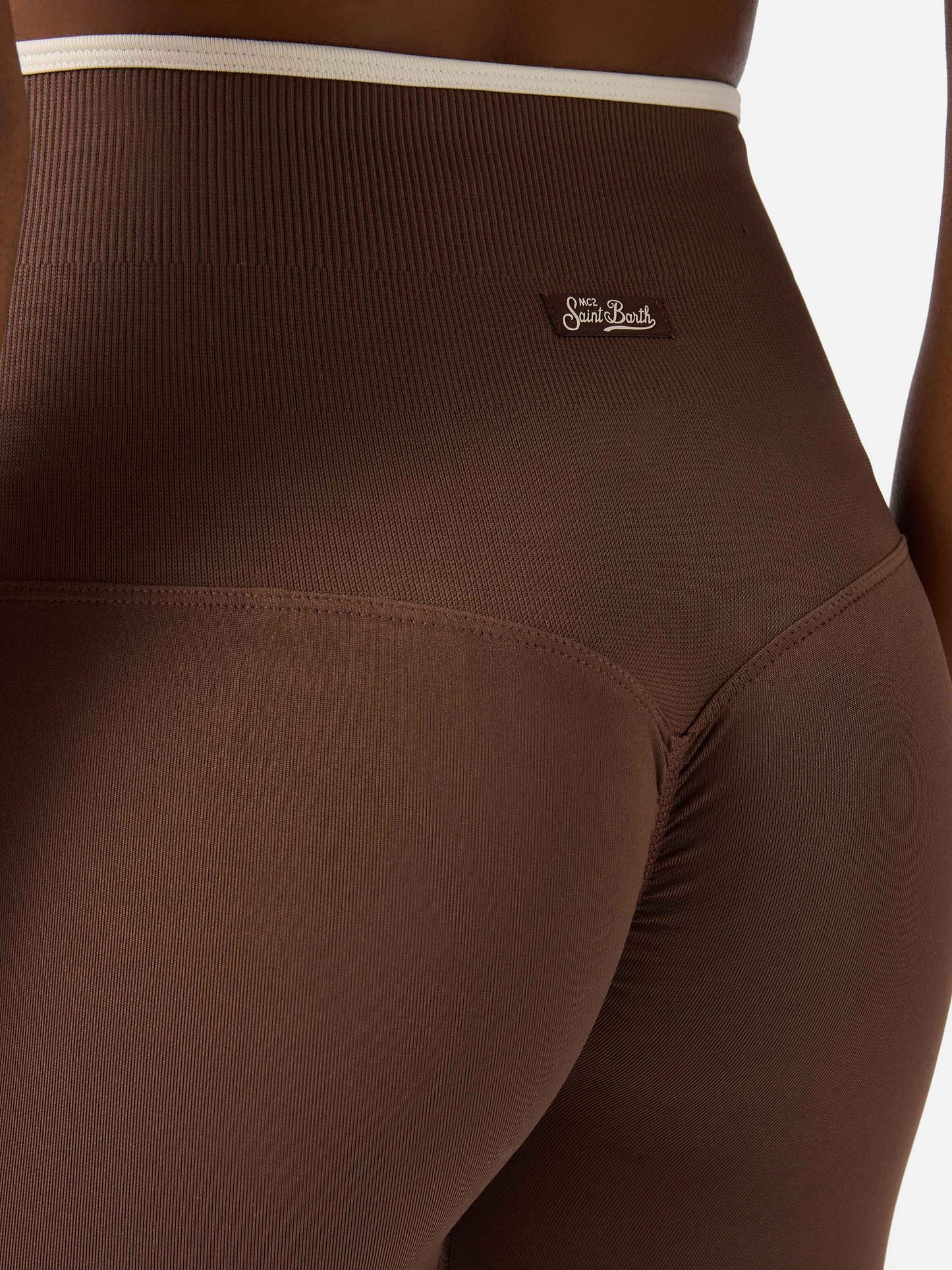 Brown Vega technical fabric sports leggings with contrast trim