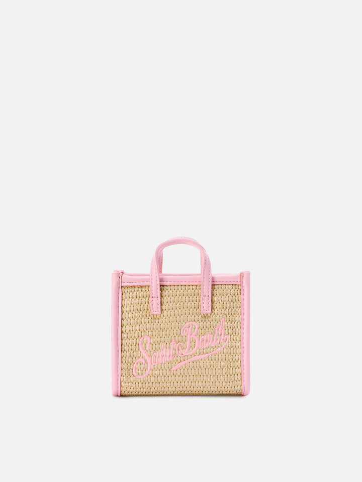 Vivian micro raffia effect bag with pink embroidered logo