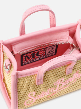 Borsa Vivian micro effetto raffia con logo rosa ricamato