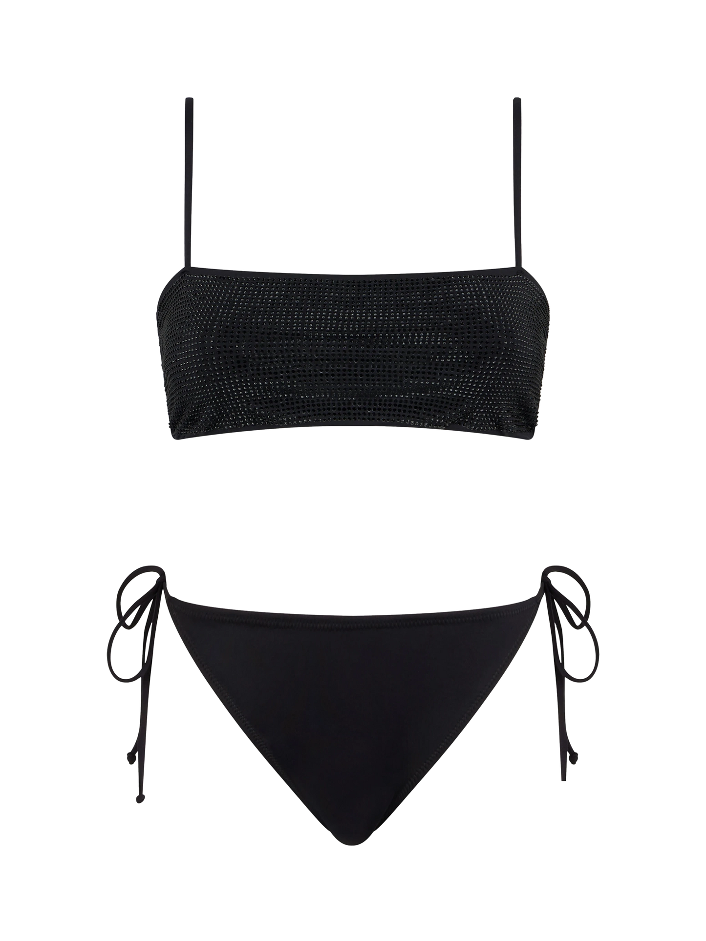 Woman black bandeau bikini with rhinestones